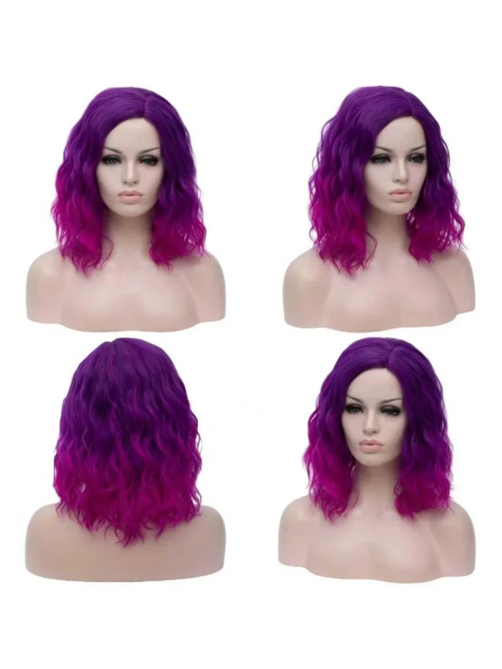 Women's Purple Ombre Wavy Curly Bob Wig Heat Resistant Cosplay Halloween Party